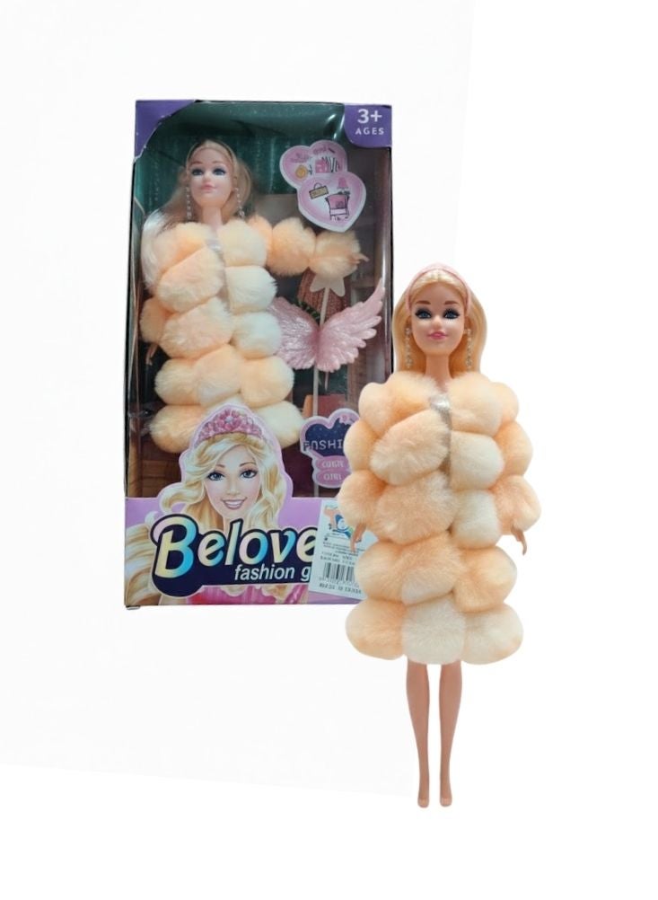 Belove دمية بيلوف فاشن جيرل - معطف فرو صناعي بلون الخوخ، لعبة على طراز باربي مع ملحقات (3 سنوات فأكثر) - Image 2