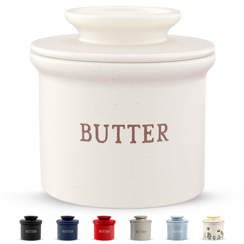 Kook Butter Keeper Dish, French Ceramic Crock For Counter With Lid, Embossed Container, For Soft Butter, Perfect for Chrismas Gift, Home and Kitchen Decor, (Matte Oatmeal) - Image 1
