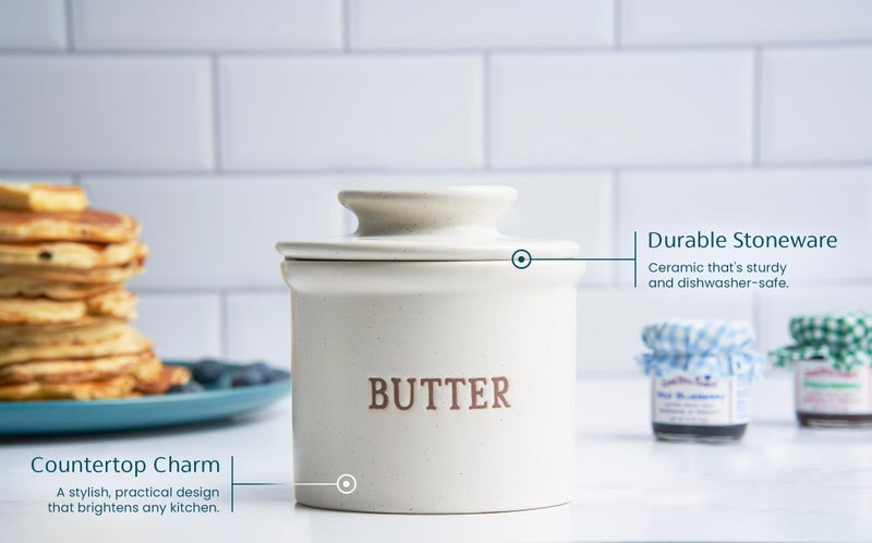 Kook Butter Keeper Dish, French Ceramic Crock For Counter With Lid, Embossed Container, For Soft Butter, Perfect for Chrismas Gift, Home and Kitchen Decor, (Matte Oatmeal) - Image 3