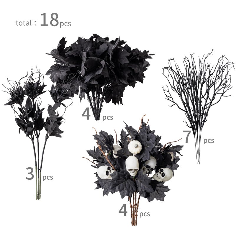 Clycaloor 18pcs Fake Plants Outdoor  Halloween Maple Pumpkin Branch  Autumn Artificial White Pumpkins Stem with Black Maple Leaves  Faux Maple Leaves Spray for Halloween Thanksgiving Home Deocr(Black) - Image 2