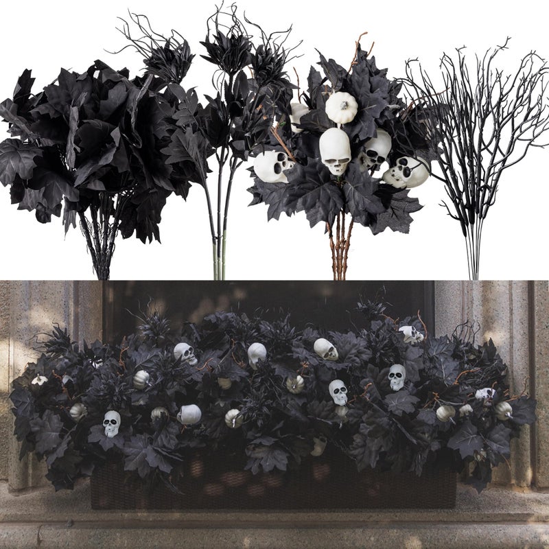 Clycaloor 18pcs Fake Plants Outdoor  Halloween Maple Pumpkin Branch  Autumn Artificial White Pumpkins Stem with Black Maple Leaves  Faux Maple Leaves Spray for Halloween Thanksgiving Home Deocr(Black) - Image 1