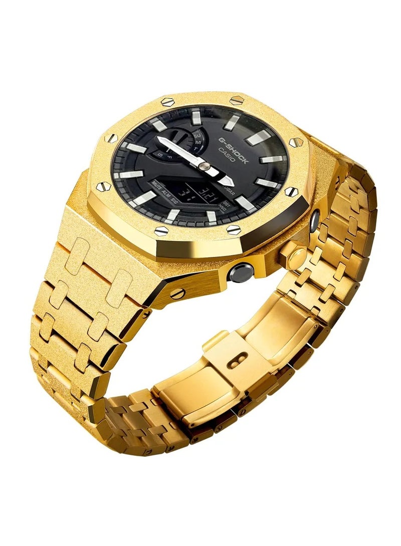 AROAQ GA2100 Metal Watch Band Case Replacement Kit, Stainless Steel Strap Bezel Accessories, Frosted Surface Stainless Steel Bracelet Case Mod For Shock, (Frost gold and silver shell red tape)  - Image 2