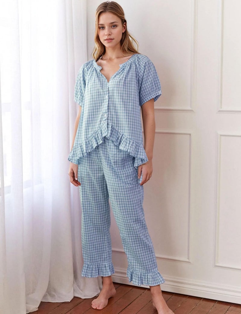 Flygo Womens Plaid 2 Piece Pajamas Sets Gingham Button Down Puff Sleeve Babydoll Shirt Ruffle Pants Y2K Pjs Lounge Set(Blue-M) - Image 2