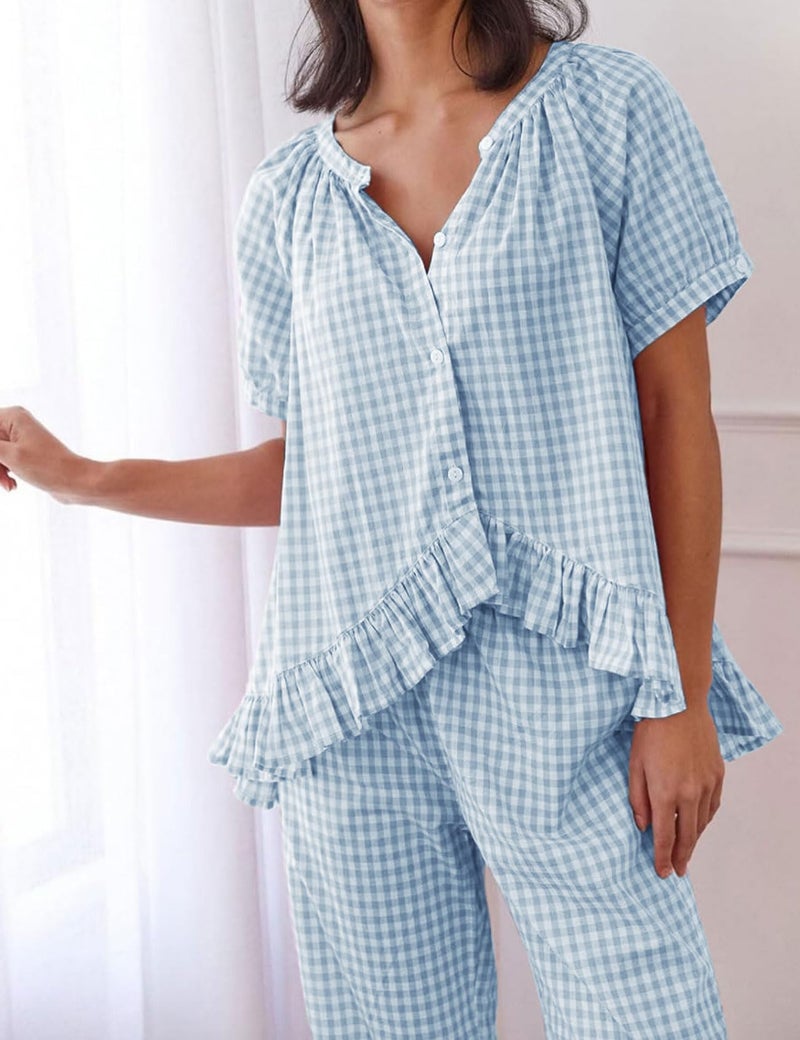 Flygo Womens Plaid 2 Piece Pajamas Sets Gingham Button Down Puff Sleeve Babydoll Shirt Ruffle Pants Y2K Pjs Lounge Set(Blue-M) - Image 4