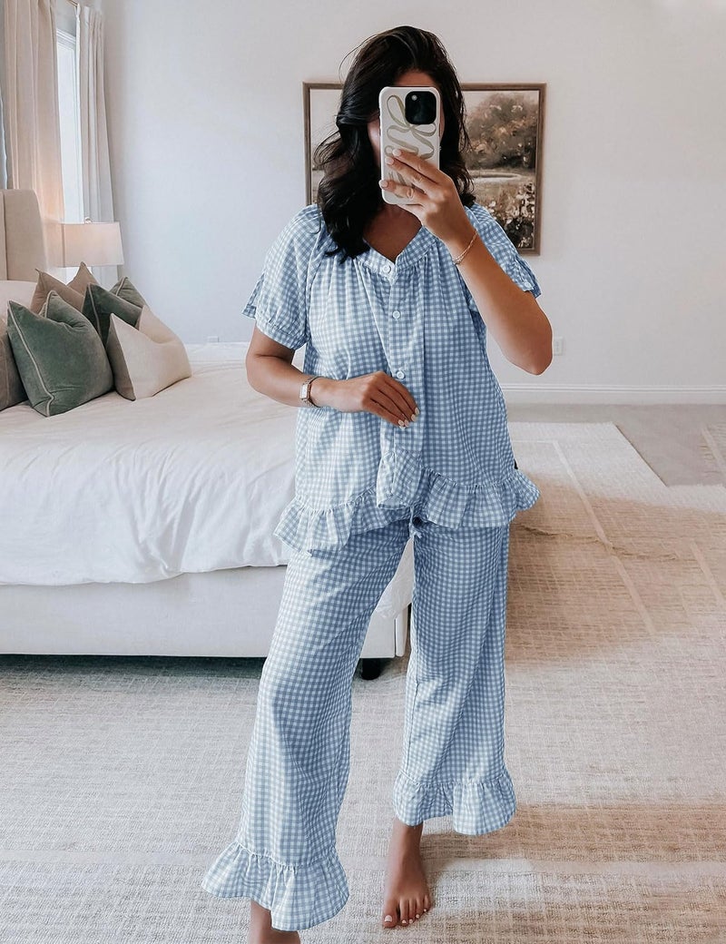Flygo Womens Plaid 2 Piece Pajamas Sets Gingham Button Down Puff Sleeve Babydoll Shirt Ruffle Pants Y2K Pjs Lounge Set(Blue-M) - Image 3