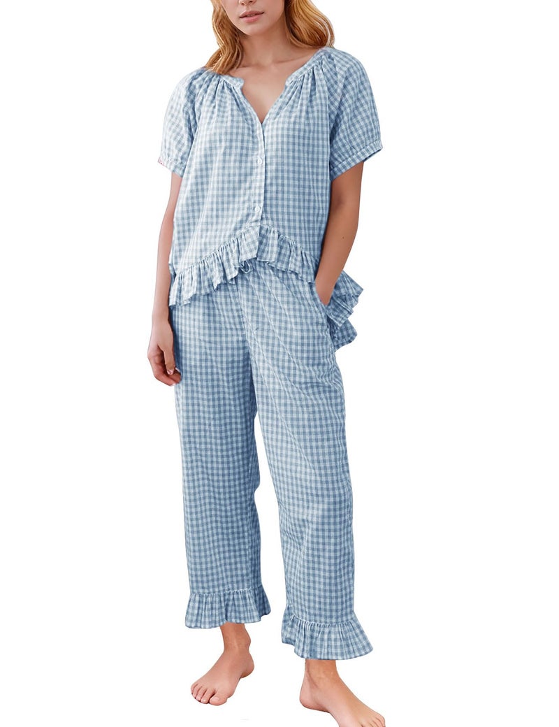 Flygo Womens Plaid 2 Piece Pajamas Sets Gingham Button Down Puff Sleeve Babydoll Shirt Ruffle Pants Y2K Pjs Lounge Set(Blue-M) - Image 1