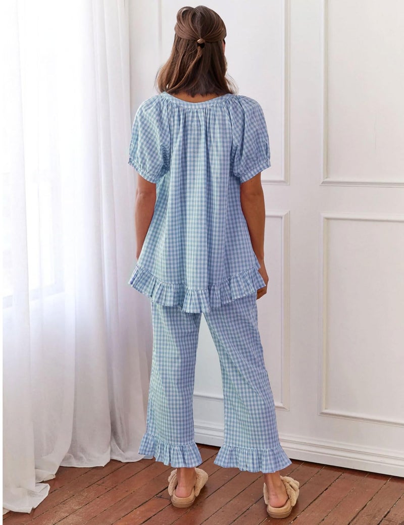 Flygo Womens Plaid 2 Piece Pajamas Sets Gingham Button Down Puff Sleeve Babydoll Shirt Ruffle Pants Y2K Pjs Lounge Set(Blue-M) - Image 5