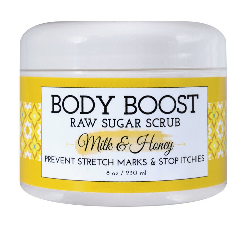 Body Boost سكر مقشر الحليب والعسل 8 أونصات - يساعد في منع جفاف الجلد، علامات التمدد، والندوب - آمن للحمل والرضاعة - خالي من المواد المسببة للحساسية - Image 1