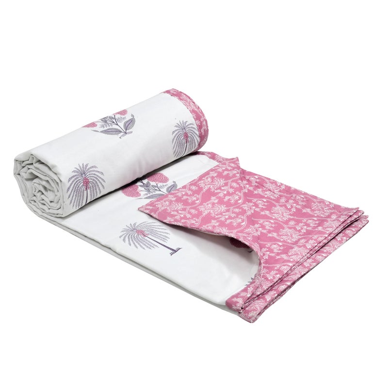 DE CAMA Cotton Single Bed Dohar | Hand Block Printed Summer AC Blanket (60 x 90 Inch)| Mulmul Fabric 150 GSM | Soft & Lightweight Comforter for All Seasons | Reversible Design - Pink - Image 1