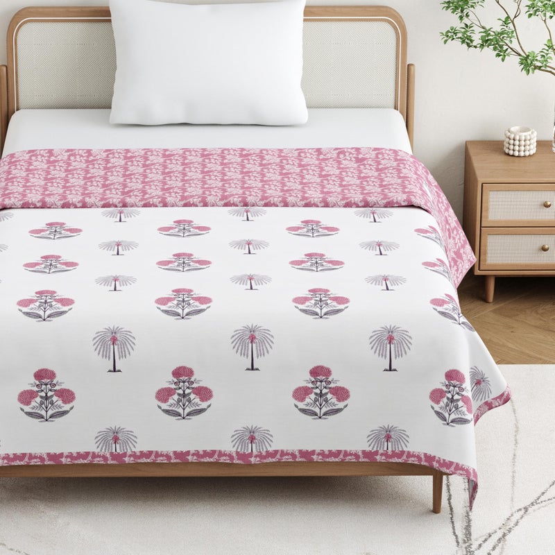 DE CAMA Cotton Single Bed Dohar | Hand Block Printed Summer AC Blanket (60 x 90 Inch)| Mulmul Fabric 150 GSM | Soft & Lightweight Comforter for All Seasons | Reversible Design - Pink - Image 3