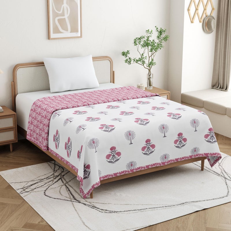 DE CAMA Cotton Single Bed Dohar | Hand Block Printed Summer AC Blanket (60 x 90 Inch)| Mulmul Fabric 150 GSM | Soft & Lightweight Comforter for All Seasons | Reversible Design - Pink - Image 2