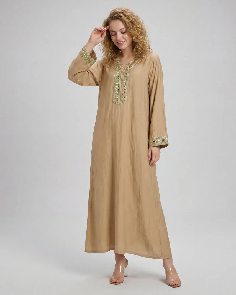 REDTAG Women Beige Jallabiya With Embroidery