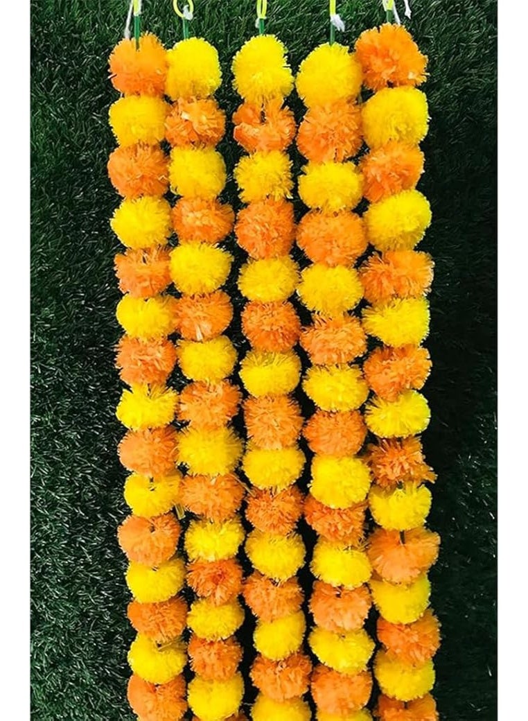 جيني إكليل جيني الاصطناعي - مالا برتقالي وأصفر مع خيط وأزهار متدلية، طوله 5 أقدام، عبوة من 5 قطع، للمهرجانات وتزيين الحفلات - Image 1