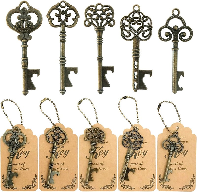 WODEGIFT 50pcs Bottle Opener,Wedding Favors Vintage Skeleton Key Bottle Opener,Key Bottle Openers with Escort Tag Cards and Key Chains Wedding Gifts for Guest（Bronze,5 styles） - Image 1
