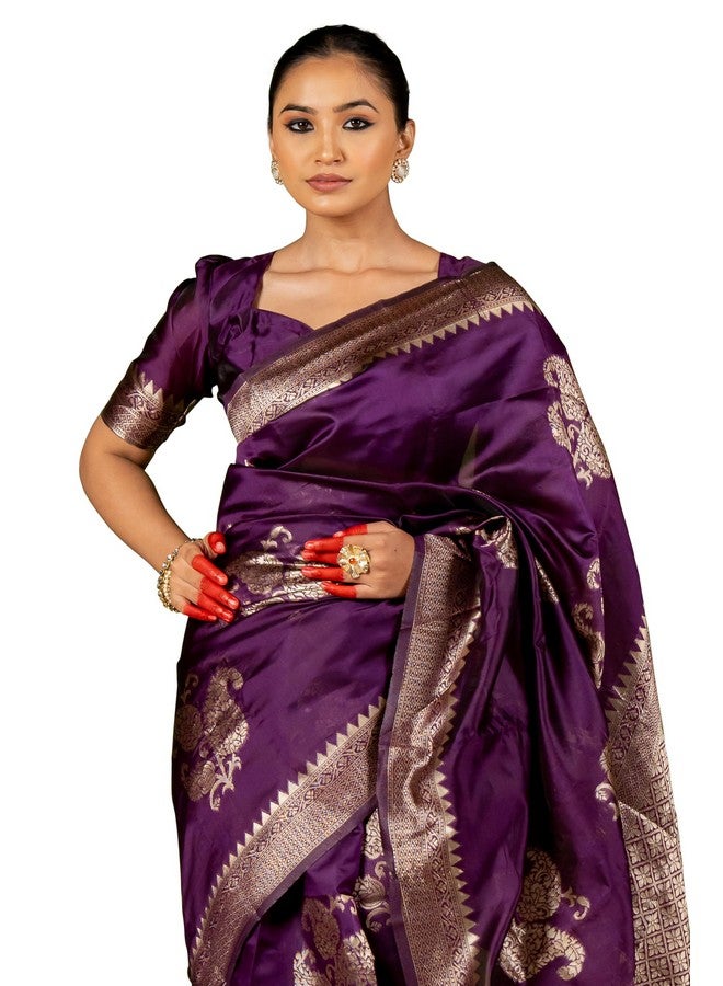 Subham Subham Women's Silk Cotton Banarasi Soft Saree with Blouse Piece | Jacquard Design Kanjivaram Sarees | Golden Zari (46051 - Dark Wine, Golden)  - Image 1