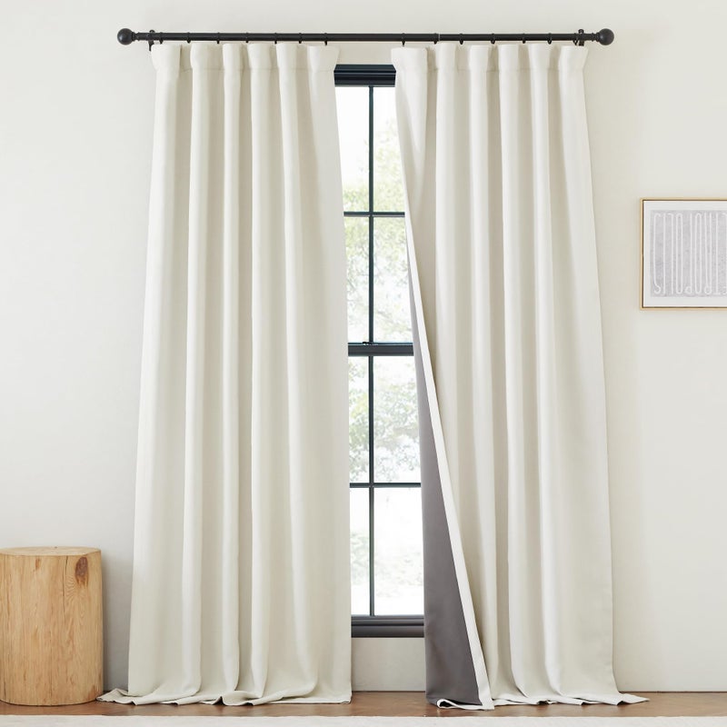 NICETOWN NICETOWN Faux Linen Thermal 100 Blackout Curtains for Living Room 96 inches Long Rod PocketBack TabHook Belt Room Darkening Noise Canceling Window Drapes for Bedroom Natural W50 x L96 1 Panel 