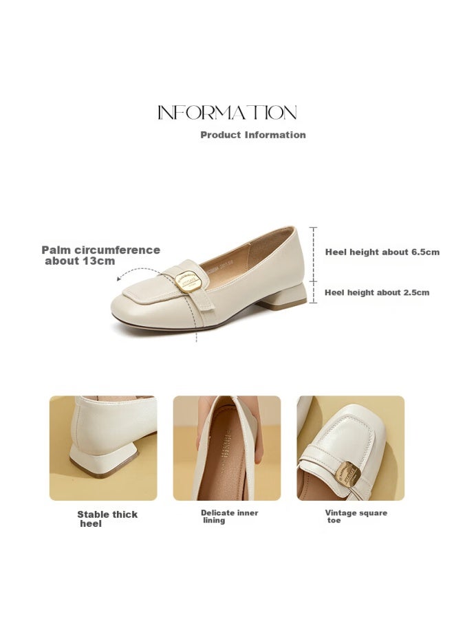 Dadong Commuter Shoes For Women, Spring New Fashion Casual Simple Square Heel Slip-on Low Heel Square Toe Leather Shoes 0059