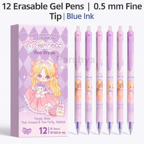 Parshya Princess Pink Dream Erasable Gel Pens Set of 12 | 0.5 mm Fine Tip Blue Ink | Heat Erase Technology | Cute Stationery for Kids Students School Exams - Image 2