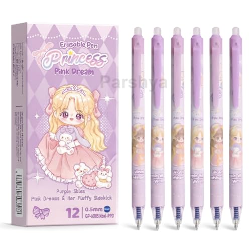 Parshya Princess Pink Dream Erasable Gel Pens Set of 12 | 0.5 mm Fine Tip Blue Ink | Heat Erase Technology | Cute Stationery for Kids Students School Exams - Image 1