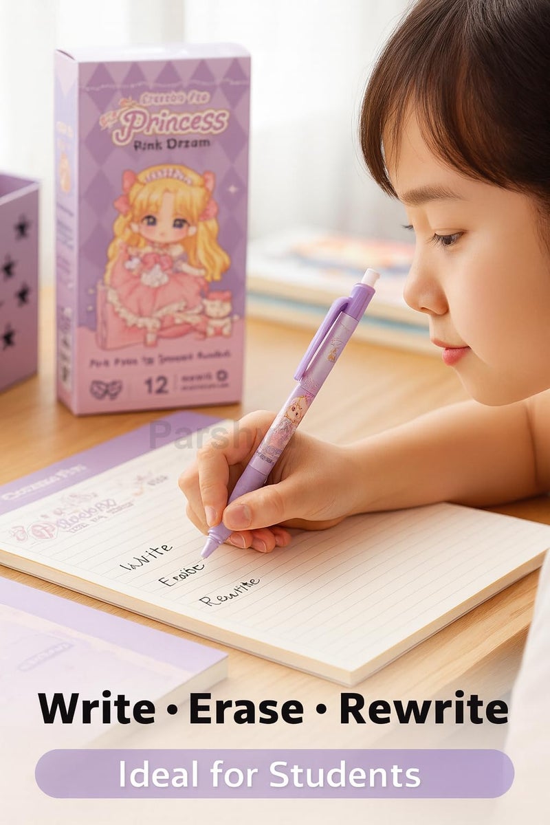 Parshya Princess Pink Dream Erasable Gel Pens Set of 12 | 0.5 mm Fine Tip Blue Ink | Heat Erase Technology | Cute Stationery for Kids Students School Exams - Image 5