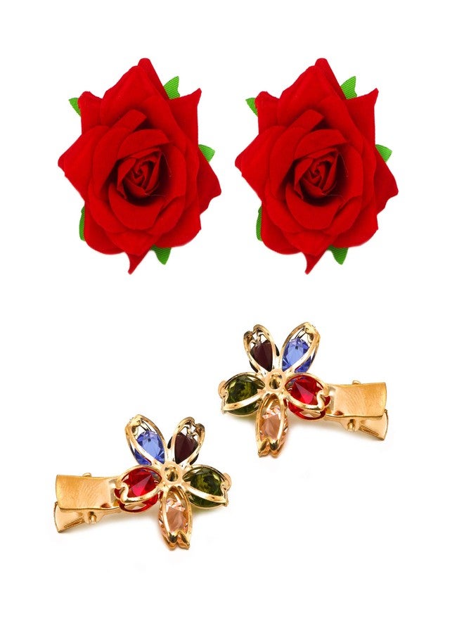 Paradise® Flower Hair Accessories For Women, Girls And Kids Girls Multi-Color Flower Hair Clips (2 Red Flower+ 2 Multi-Color Tic -Tac Hair pin) - Image 1