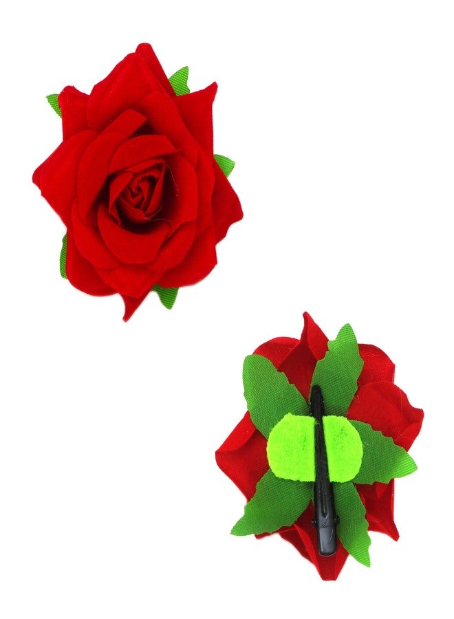 Paradise® Flower Hair Accessories For Women, Girls And Kids Girls Multi-Color Flower Hair Clips (2 Red Flower+ 2 Multi-Color Tic -Tac Hair pin) - Image 2