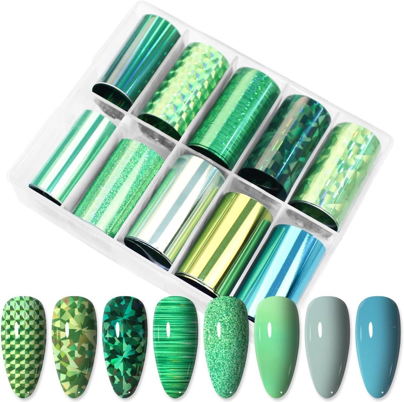 JERCLITY 10 Rolls Green Nail Foil Transfer Sticker Kit St. Patrick's Day Nail Foil Sheets Green Solid Color Foil Nail Art Decals Nail Foil Transfer Stickers Foil Nail Wraps for Foil Nail Art