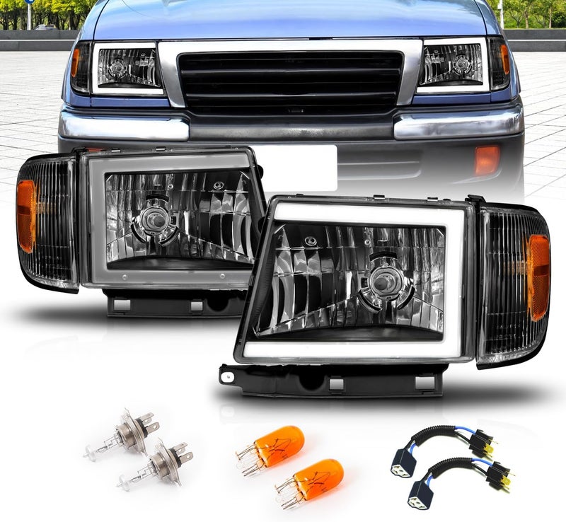 AmeriLite LED Tube Black Replacement Headlights and Corner Light Set for 1997-2000 Toyota Tacoma 2WD - Image 1