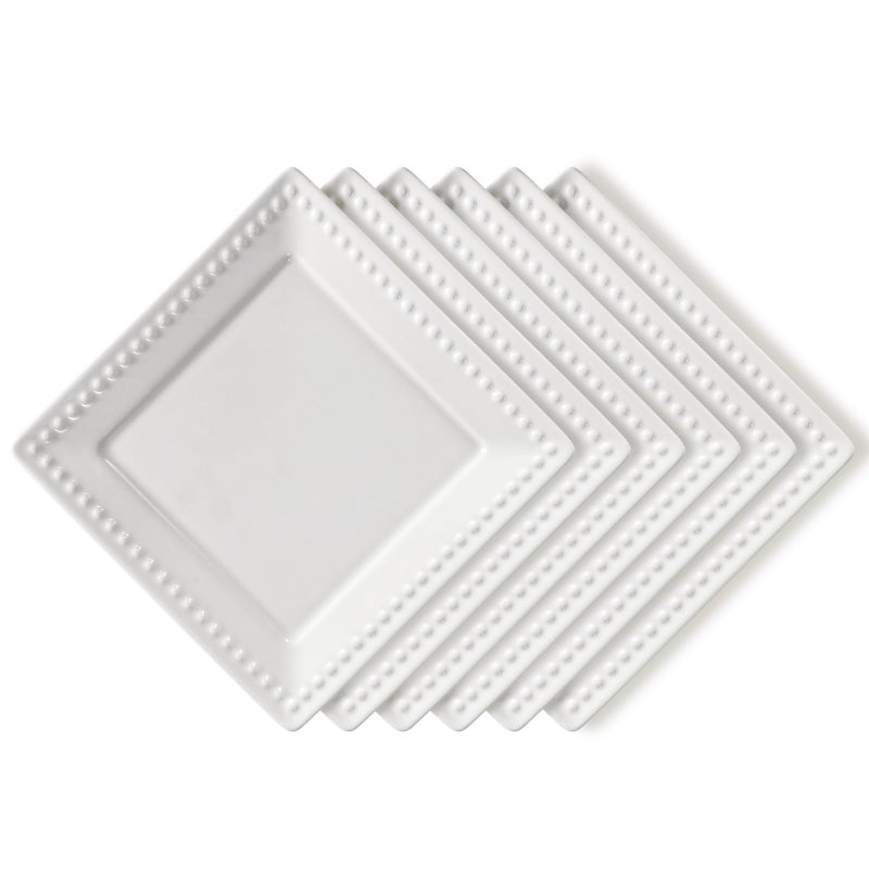 Wareland Embossed Ceramic Appetizer  Dessert Plates  Set of 6 6 inch White Square Dinner Plates for Snack  Restaurant Dishwasher  Microwave Safe