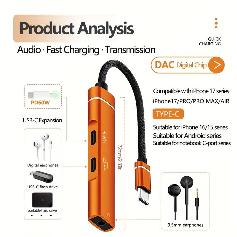 مهايئ صوتي من نوع C بثلاث وظائف في واحد "بلاك ساموراي" يدعم سماعات 3.5 ملم وسماعات USB-C مع فك الترميز الرقمي، نقل بيانات عالي السرعة، شحن بقدرة 60 واط بتقنية PD، توصيل وتشغيل فوري. - Image 5