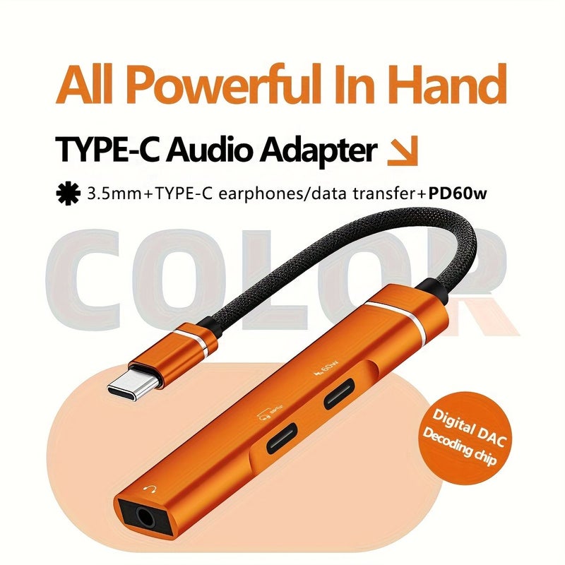 مهايئ صوتي من نوع C بثلاث وظائف في واحد "بلاك ساموراي" يدعم سماعات 3.5 ملم وسماعات USB-C مع فك الترميز الرقمي، نقل بيانات عالي السرعة، شحن بقدرة 60 واط بتقنية PD، توصيل وتشغيل فوري. - Image 1