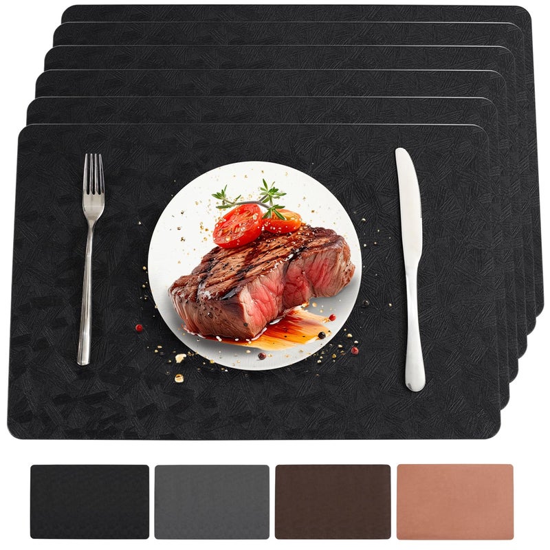 Bxzandya Vinyl Placemats Set of 6 Heat Resistant Easy Clean Non-Slip Place Mats for Dining Table Faux Leather Waterproof Stain Resistant Wipeable Washable PVC Table Mats(6, Black) - Image 1