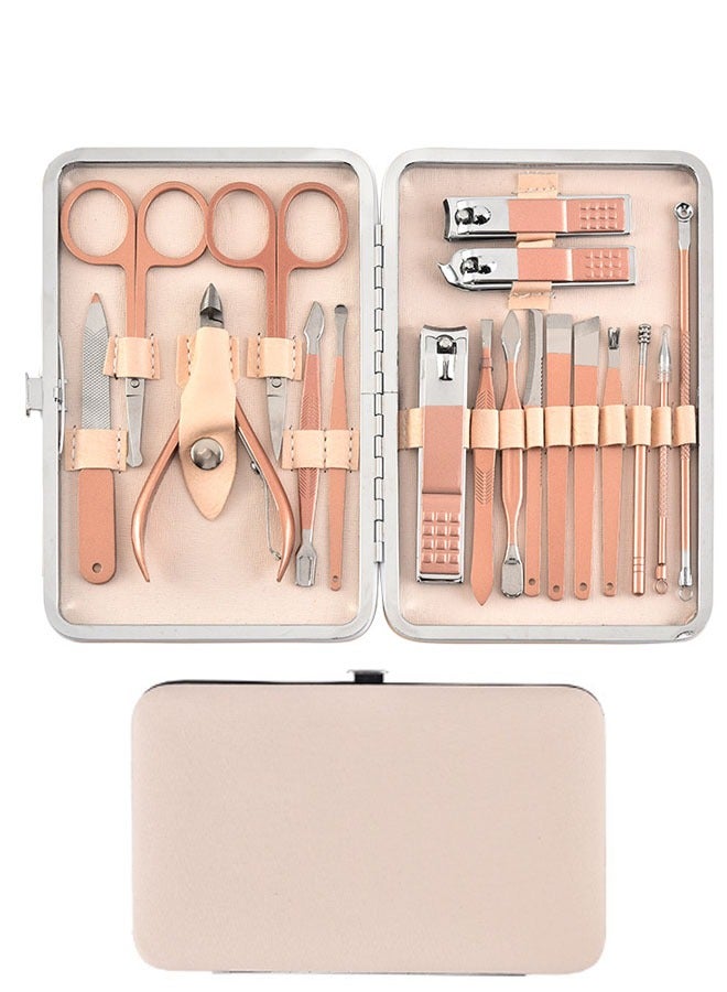 طقم مقص اظافر العناية بالاظافر مكون من 18 قطعة مع علبة ذهبي وردي / فضي - Image 1