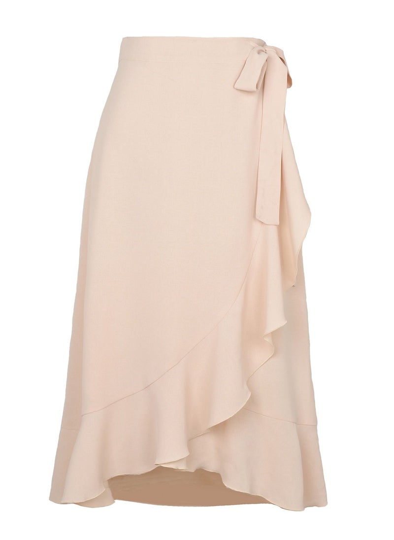 Loquat - Women's Solid Color Ruffle Wrap Skirt Tie Waist Boho High Low Asymmetrical Midi Skirt Beige - Image 1
