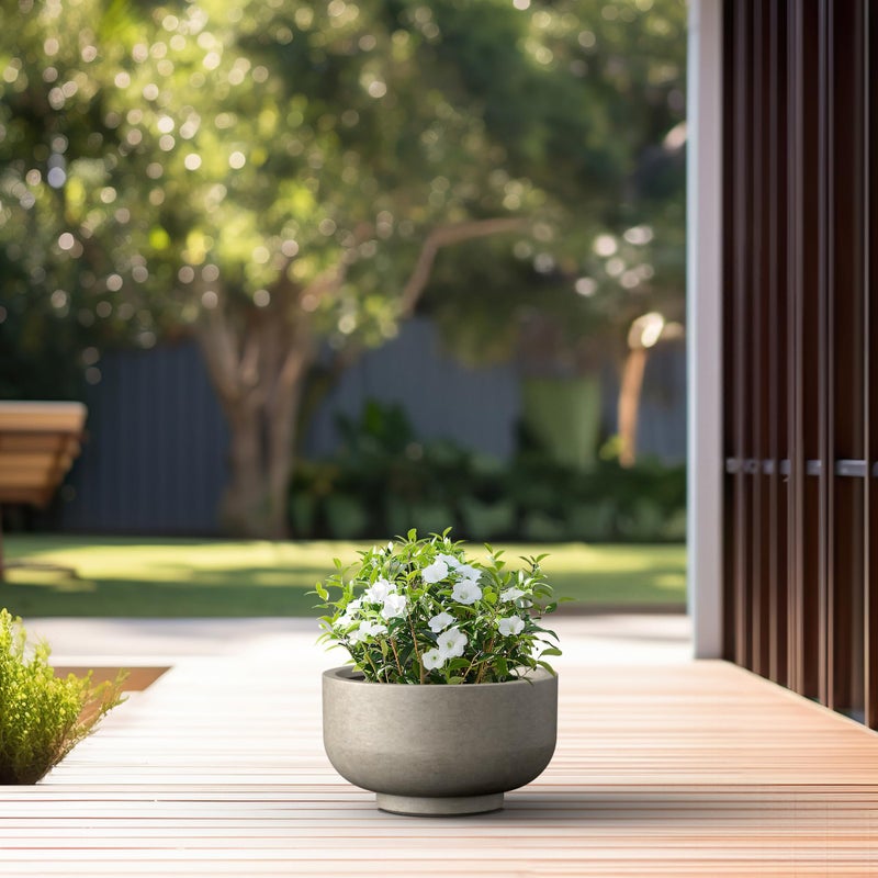 Kante 13.8 Inch Dia Concrete Bowl Planter, Large Tapered Bottom Plant Pot with Drainage, Smooth Weathered Concrete Finish with Painted Interior, Ideal for Porch, Home, Garden, Patio - Image 5