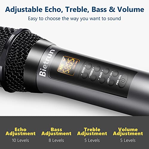 Bietrun Wireless Microphone with Echo/Treble/Bass, UHF 160ft Range, Dual UHF Cordless Dynamic Mic Handheld Microphone System for Home Karaoke, Meeting, Party, Wedding(Receiver with Bluetooth) - Image 3