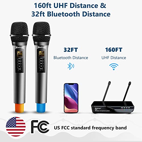 Bietrun Wireless Microphone with Echo/Treble/Bass, UHF 160ft Range, Dual UHF Cordless Dynamic Mic Handheld Microphone System for Home Karaoke, Meeting, Party, Wedding(Receiver with Bluetooth) - Image 2