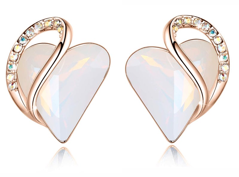 Leafael 18K Rose Gold Plated Love Heart Stud Earrings with Opal White Healing Stone Crystal for Transformation, Jewelry Gifts for Women - Image 1