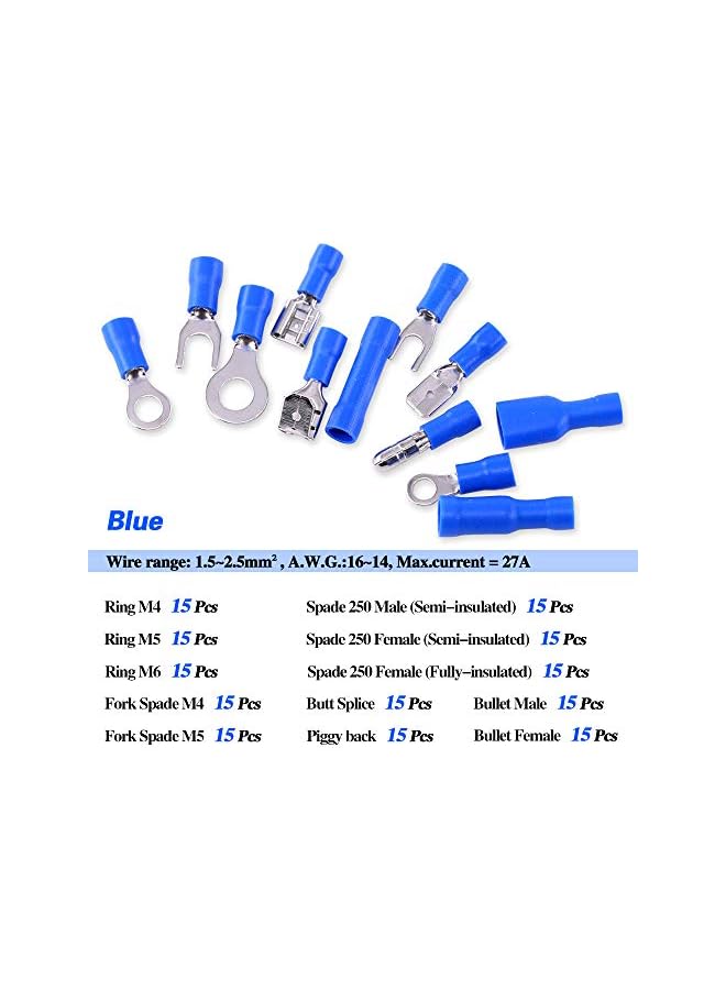 promass 540pcs 22-16/16-14/12-10 Gauge Mixed Quick Disconnect Electrical Insulated Butt Bullet Spade Fork Ring Solderless Crimp Terminals Connectors Assortment Kit - Image 3