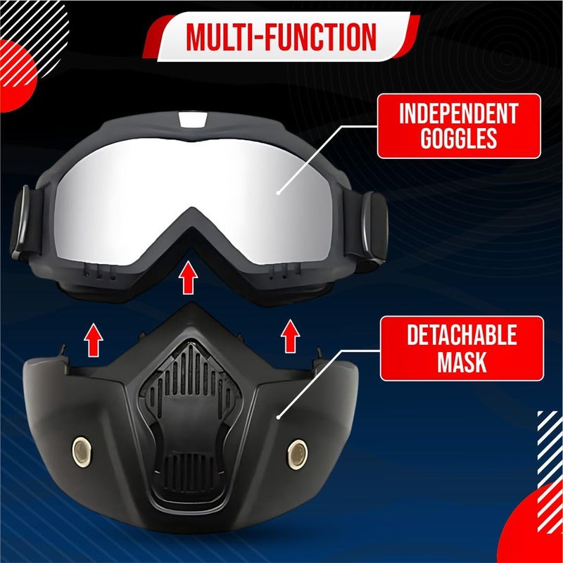 BTfash Goggle Mask Anti Scratch UV Protective Open Face & Eyewear Windproof Dirt Shield Adjustable Strap Soft Foam Padded Detachable for Cycling Bike Off Road Racing Riding Unisex (Silver) - Image 3