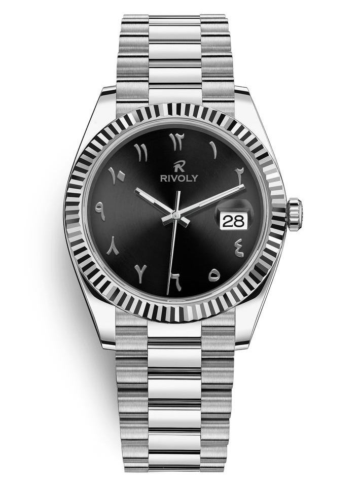 Rivoly A modern men's watch with Arabic numerals and a stainless steel date