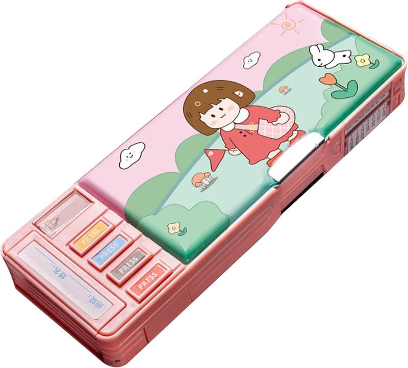 Multifunction Pencil Case, Pencil Box with 2 Compartments for Students - Cartoon Pattern Stationery Set with Pop Out Scissors and Pencil Sharpener