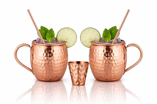BOLD & DIVINE BOLD DIVINE Moscow Mule Copper Mugs Set of 2 100 HANDCRAFTED Food Safe Pure Copper Solid Mugs 16 oz Gift Set with Premium Quality Cocktail Straws Shot Glass - Image 1