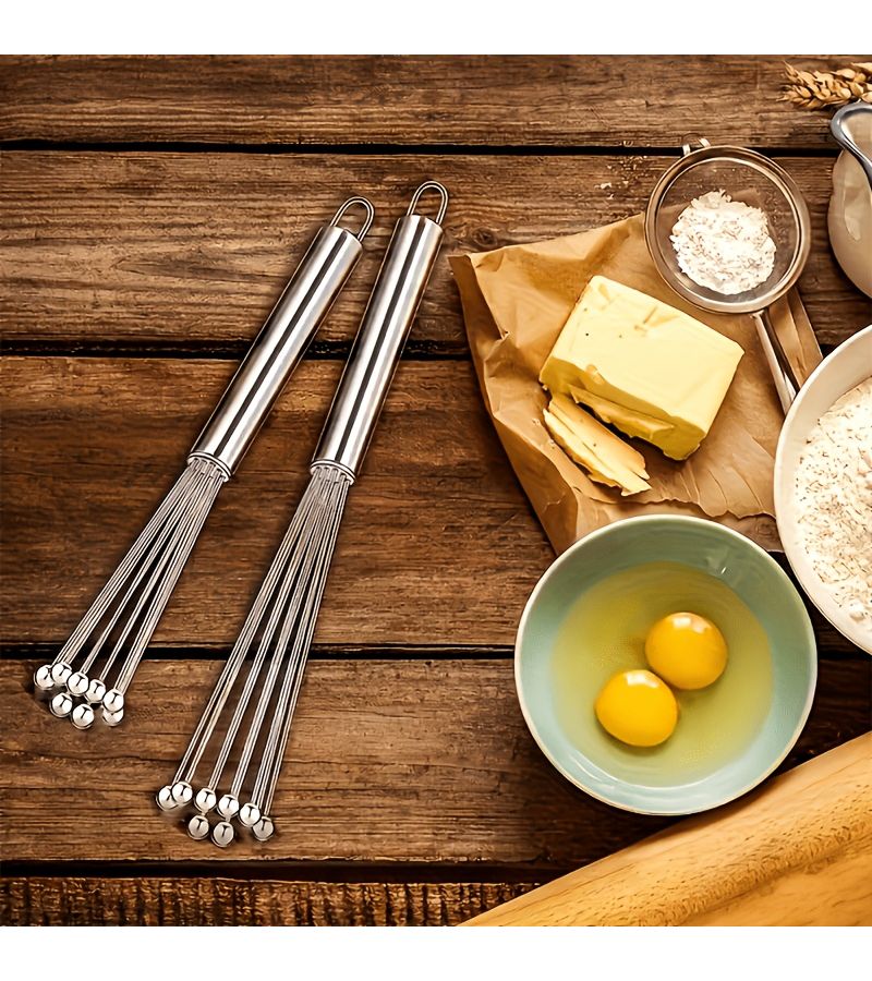 قطعتان من خفاقة البيض الكروية المصنوعة من الفولاذ المقاوم للصدأ، خلاط كريم يدوي، عصا خفق صغيرة 10 بوصة 12 بوصة، أداة خفق وتقليب للكيك والعجين، آمنة للاستخدام في غسالة الأطباق. - Image 1