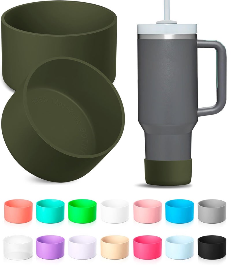 KTKUDY 2Pcs Silicone Boot for Stanley Quencher Tumbler H2.0 30 oz 40 oz & IceFlow 20 oz 30 oz & Intended for Hydro Flask Water Bottle 12-24 oz - Cup Bottom Accessories Fits Stanley Cup, Olive Green - Image 1