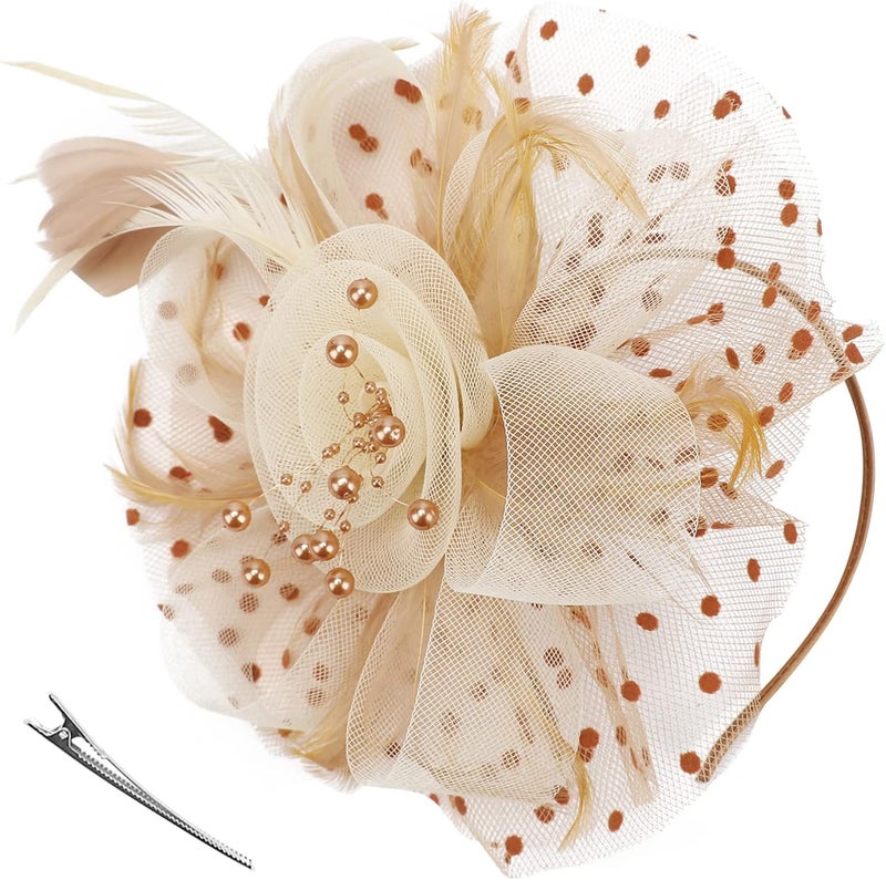 DRESHOW Fascinators Hat Flower Mesh Ribbons Feathers on a Headband and a Clip Tea Party Headwear for Girls and Women - Image 1
