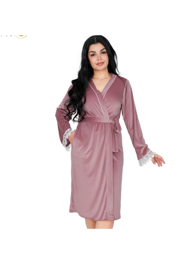 Dadoush Women's short velvet nightgown with long sleeves and lace, plain women's kimono from Dadoush - Image 3