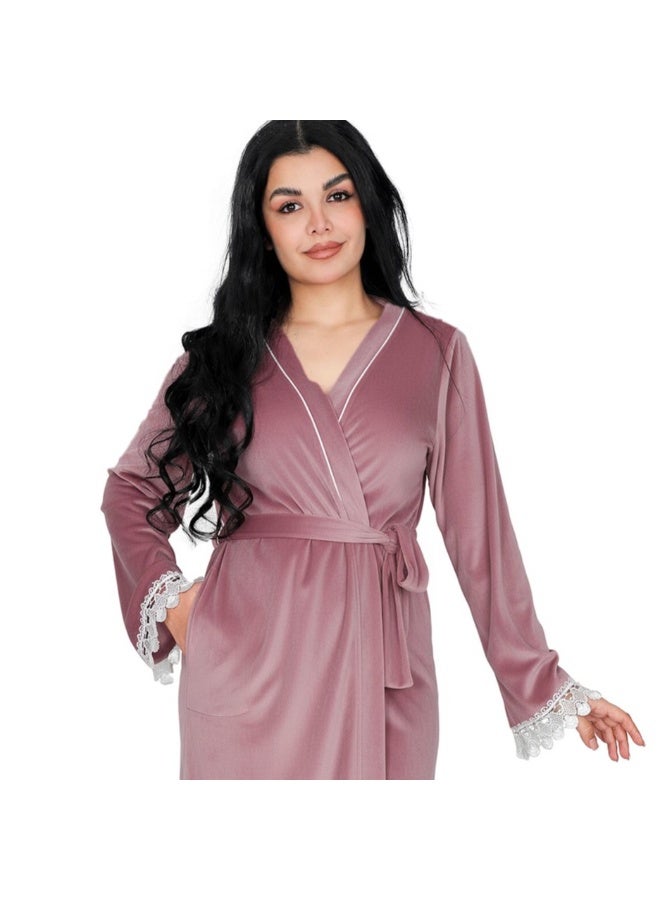 Dadoush Women's short velvet nightgown with long sleeves and lace, plain women's kimono from Dadoush - Image 4