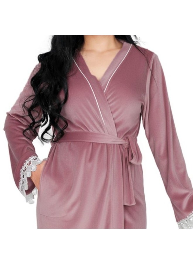 Dadoush Women's short velvet nightgown with long sleeves and lace, plain women's kimono from Dadoush - Image 5