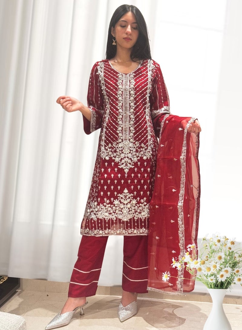 Winchell's Embroidered Fancy Organza Shirt & Dupatta with Silk Trousers, Embellished with Pearls & Crystals | Red | Medium - Image 1